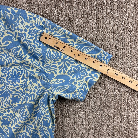 Prana Men's XL Short Sleeve Button Up Shirt Blue Yellow Floral Bird Print Casual - Picture 9 of 12